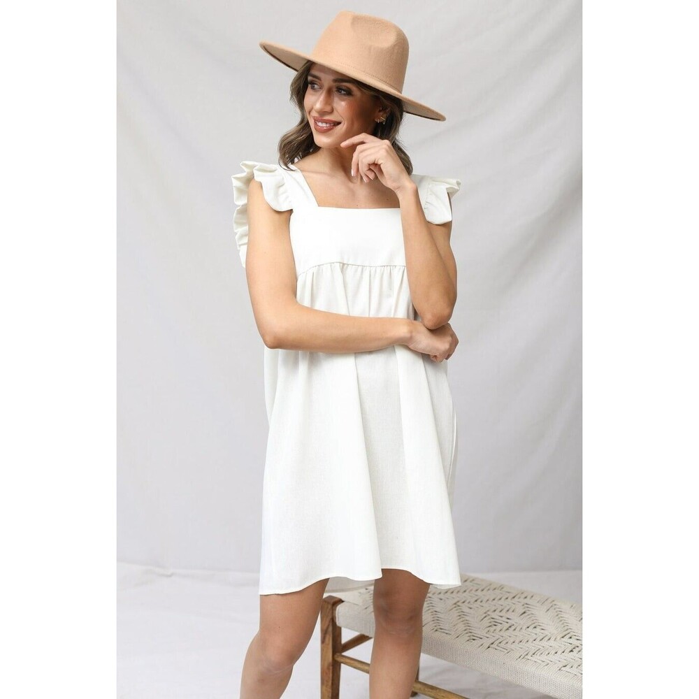 Ruffled Square Neck White Mini Dress